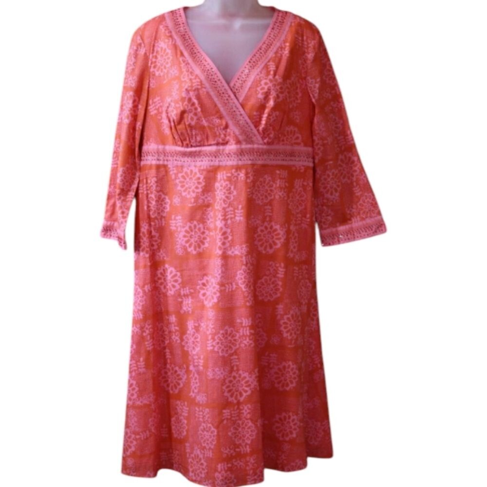 Sigrid Olsen Coral Pink Floral Midi Dress Size 12 Summer Party Vintage